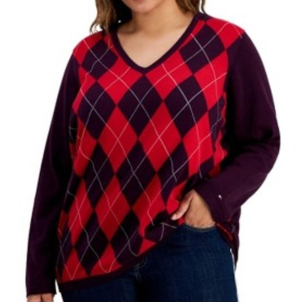 Tommy Hilfiger Cotton Argyle V Neck Red Pull Over Sweater Womens Size 2X NWT